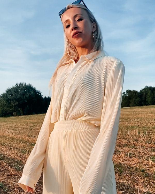 Zweiteiler Set Damen Bluse Oversized und weite Hose mit elastischem Bund - geripptes elegantes Zweiteiler Damen Set