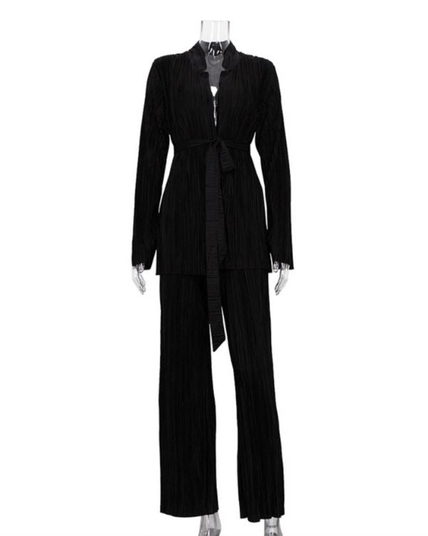 Schwarzer Damen Bluse und Hose Anzug Zweiteiler Set aus Plissee Stoff 