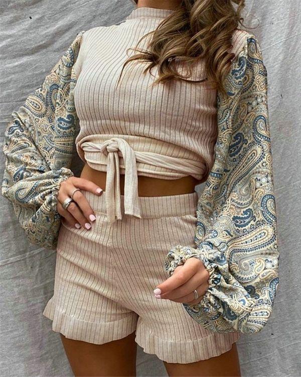 Zweiteiler Set Zweierset Beige Ruffled Effekt Paisley Bandana Sleeves