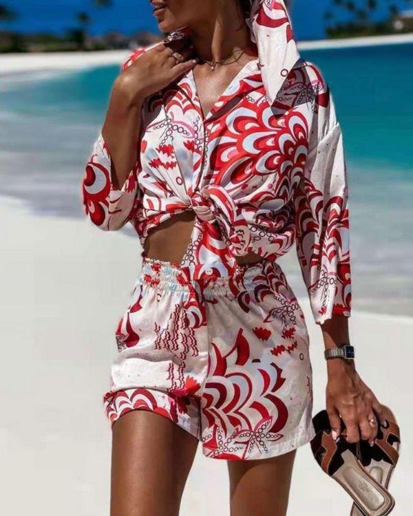Dreiteiler Zweiteiler Set in rot blau Hose mit Bluse und Bandana Tuch Sommer Style Fashion