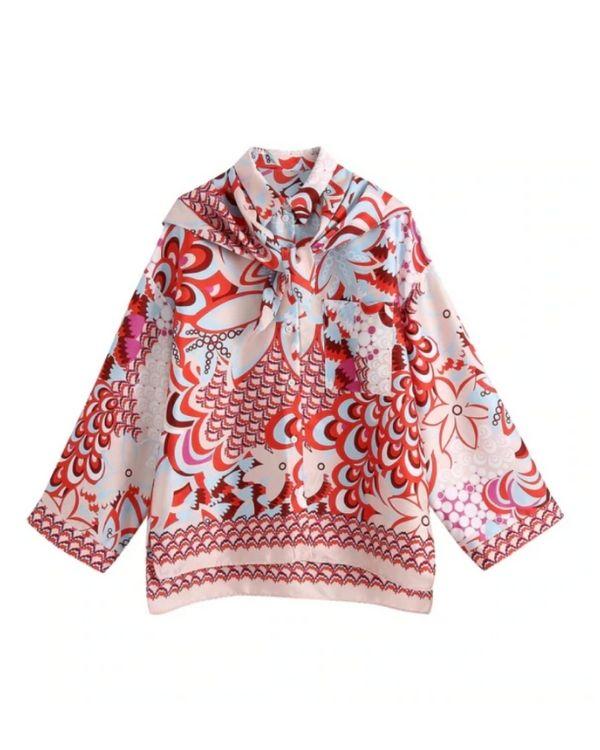 Langarm lockere Bluse mit Paisley Floral Blumen Mustern und Bandana Tuch dazu