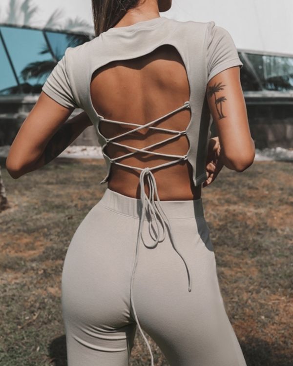 Beiges Zweiteiler Tracksuit Damen Set aus langen Hosen und T-Shirt mit Schnurrung Bandage Effekt