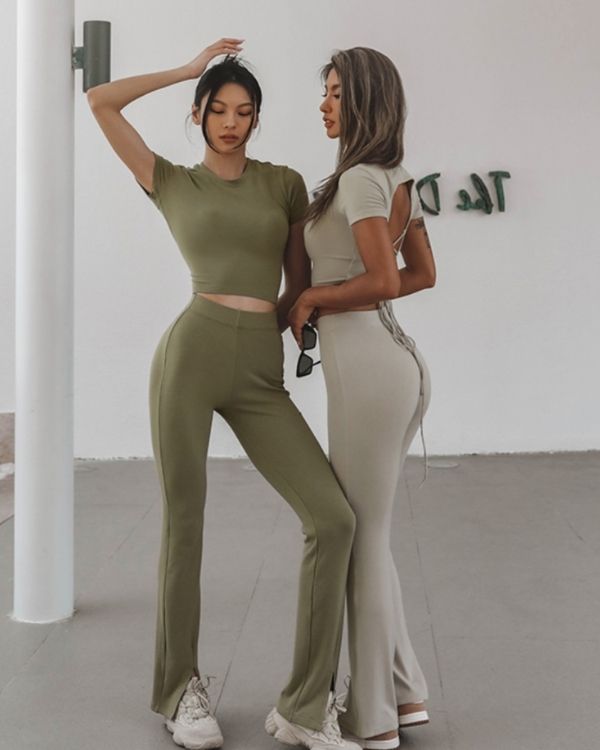 Dame Zweiteiler Gym Fitness Yoga Tracksuit Sets Bekleidung - lange Leggings Hose und passendes T-Shirt mit Schnurrung
