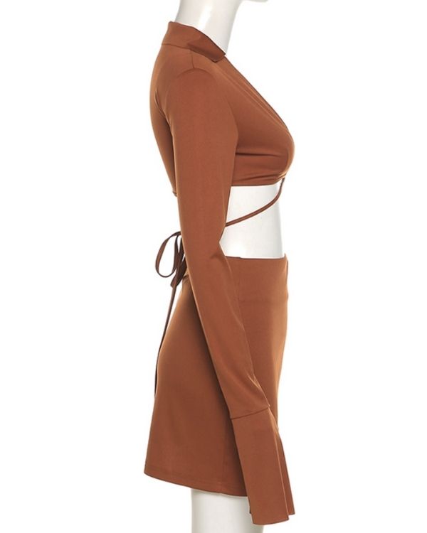 Braunes elegantes Zweiteiler Set aus Crop Top Bluse und Wickel Rock Jupe 