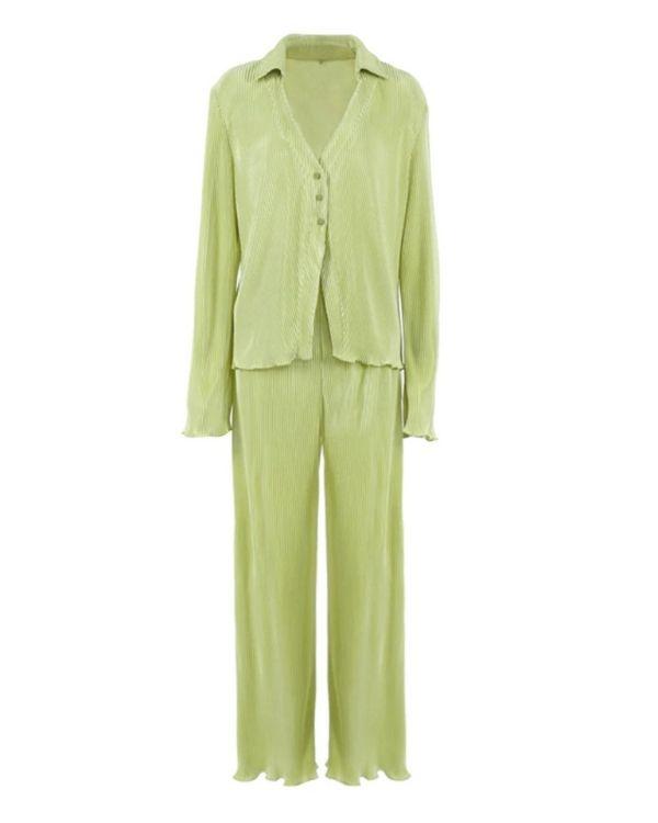 Lockeres Sommer Herbst Zweiteiler Set aus breiter Hose und langarm Bluse mit Kragen
