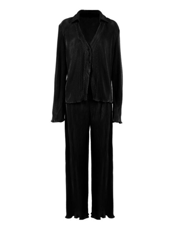 Schwarzes Damen Zweiteiler Set aus geripptem lockerem Stoff - Langarm Bluse und Hose