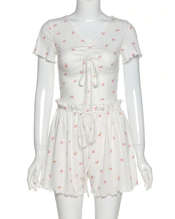 Zweiteiler Set weiss mit rosa Blumen Motiven - Ruffle Zweiteiler