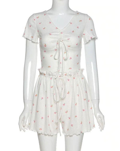 Zweiteiler Set weiss mit rosa Blumen Motiven - Ruffle Zweiteiler