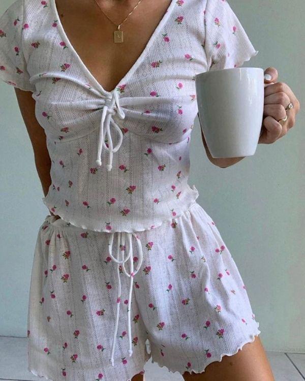 Ruffle Rüschen Zweierset Zweiteiler Aus kurzen Shorts und T-Shirt