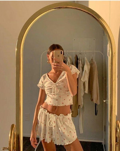 Sommer Pyjama Damen - Ruffle Zweiteiler Zweierset 