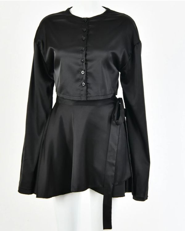 Schwarzer Zweiteiler Set aus Wickelrock und Bluse Satin Seide 