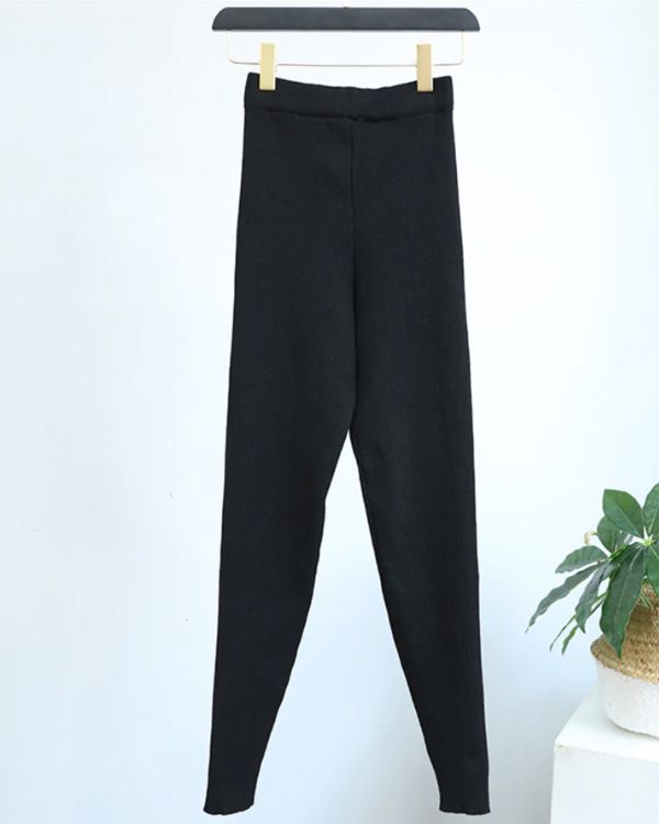 Schwarzes Stretch Strick Leggings Knitted Hosen mit elastischem Bund