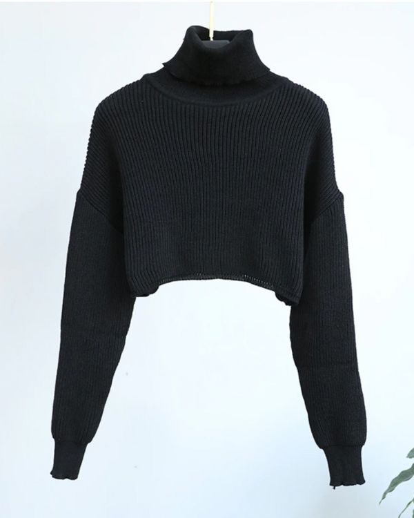 Gestrickter gerippter Damen Rollkragen Pullover in schwarz - Crop Top Pullover