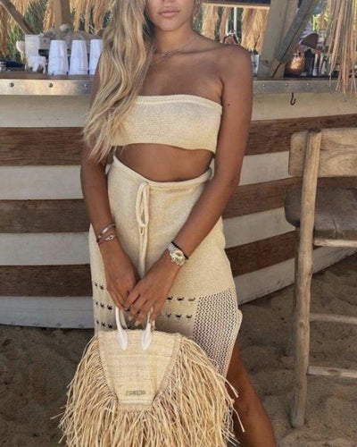 Beiges Zweiteiler Set - Zweierset Damen Kleid - Strick Rock mit Fransen und Bandeau Oberteil - Strickkleider Damen