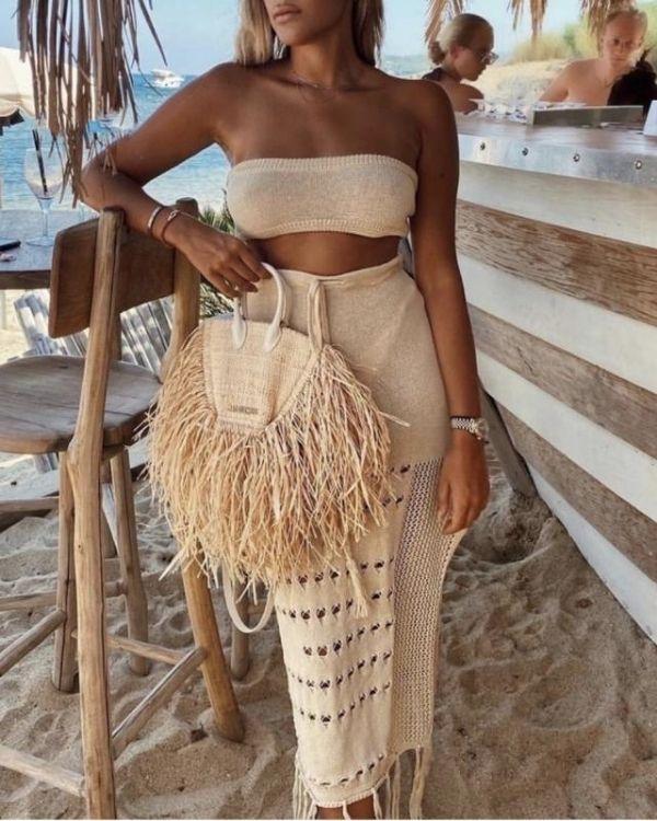 Beiges Zweiteiler Set aus Rock und Bandeau Oberteil Top - Boho Ibiza Style Knitted Strick Haekel Zweiteiler Set