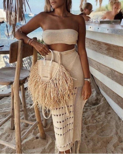 Beiges Zweiteiler Set aus Rock und Bandeau Oberteil Top - Boho Ibiza Style Knitted Strick Haekel Zweiteiler Set