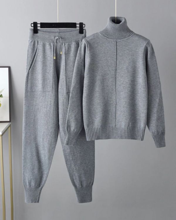 Graues Strick Tracksuit Zweiteiler Set Rollkragen Pullover und Strickhose 