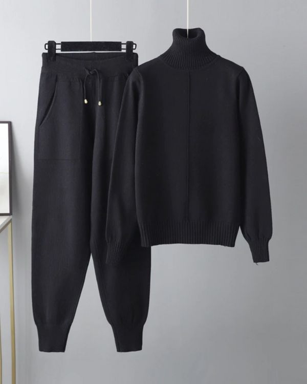 Schwarzes Strickset Zweiteiler Set - Damen Loungewear Fashion 