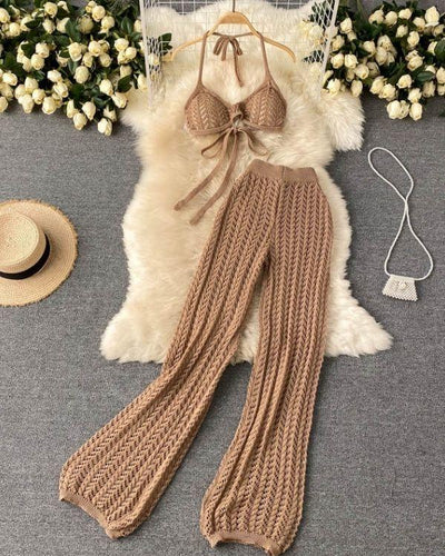 Strick Zweiteiler Set mit Cut-Outs - Lange Strick Hose und Bandage Crop Top Oberteil zum binden