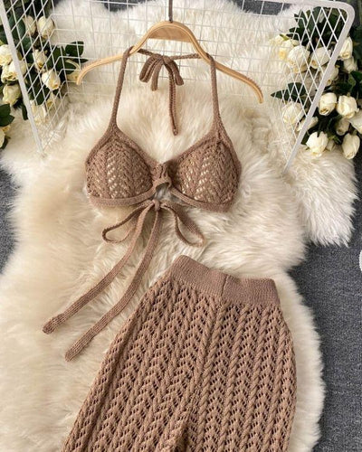 Bandage Crop Top Oberteil gestrickt gehaekelt - Knitted Fashion Zweiteiler Hose und Top Oberteil