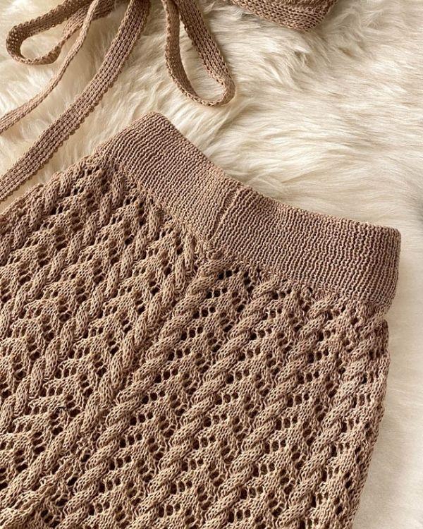 Knitted Strick Hose in beige mit elastischem Bund