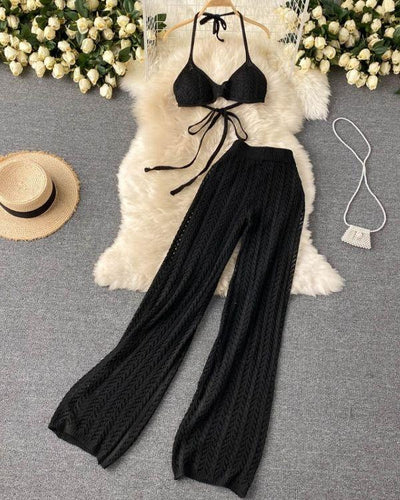 Schwarzer Strick Zweiteiler Set aus langer Crochet Hose mit elastischem Bund und BH Crop Top Bandage zum binden