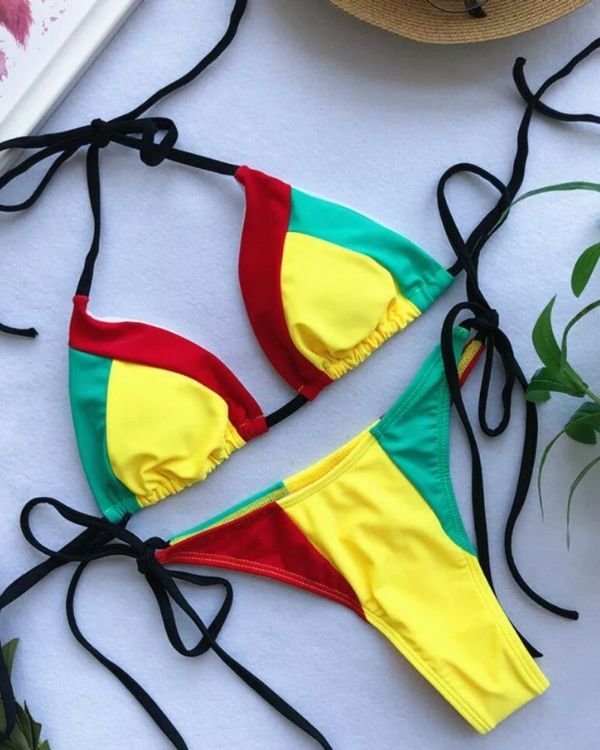Farbiges rot gelb gruenes Bikini Set - Triangel und Brazilian String Bikini online kaufen 