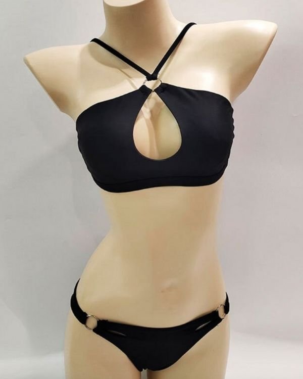 Schwarzes Bikini Set Damen - Elegante Bademode mit ringen und Neckholder Bikini Oberteil 
