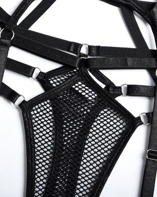 Netz Bodysuit Sexy - Schwarzer Damen Erotik Body im Bondage Stil 