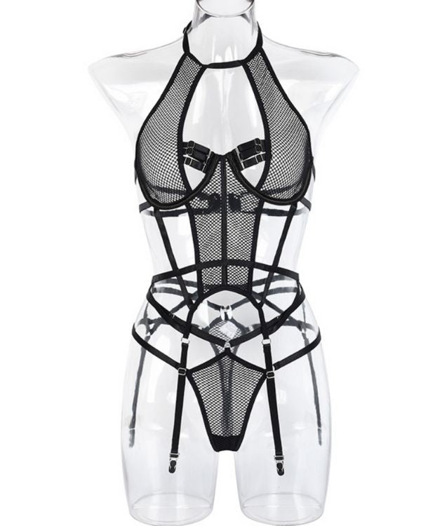 Bodysuit Erotik Sexy Dessous aus Netzstoff und Bondage Style 