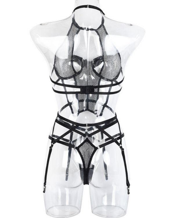 Erotik Dessous Bodysuit Damen Netz und Bondage Stil 