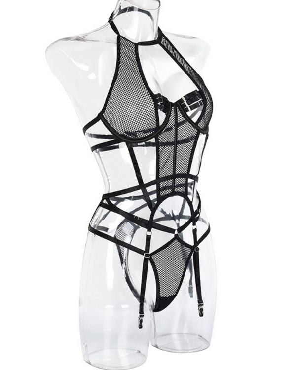 Schwarzer Damen Erotik Bodysuit mit Neckholder und Strapsen Halterung 