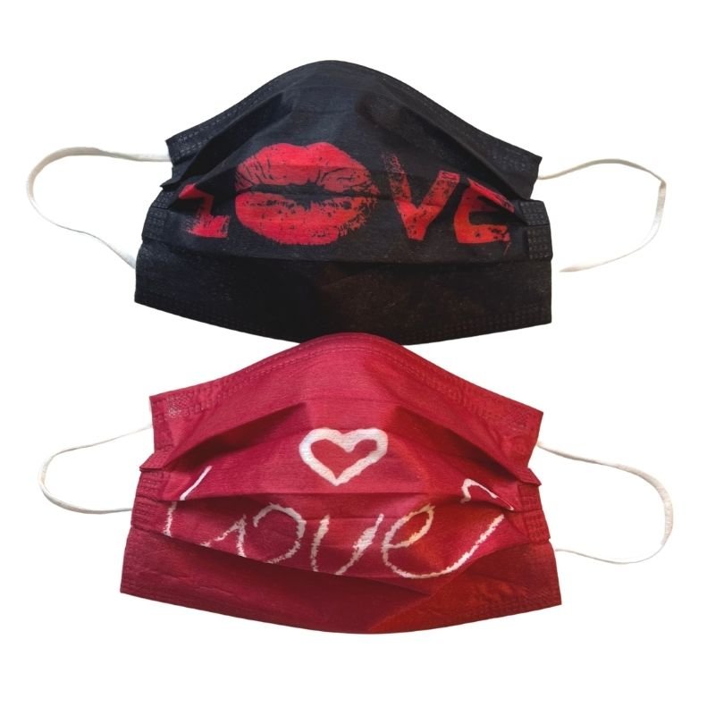 Einwegmasken Hygienemasken in rot schwarz mit Love und Kussmund - Valentines Mundschutz Masken fuer Sie und Ihn