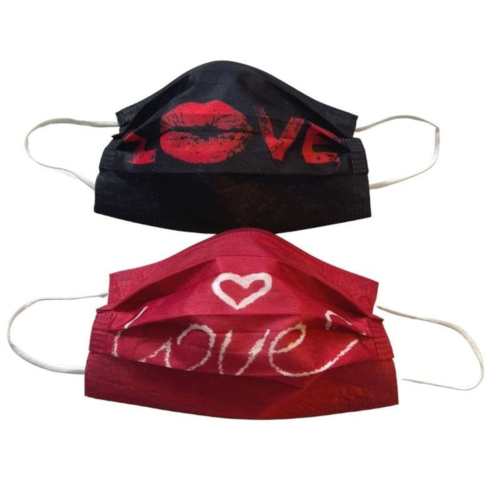 Valentines Einwegmasken Hygienemasken in rot und schwarz mit Love Herz und Kussmund 