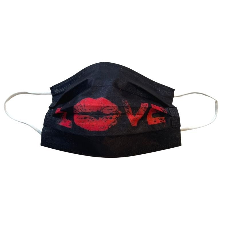 schwarze Hygienemaske Einwegmaske mit roten Love Buchstaben und Kussmund un Rot