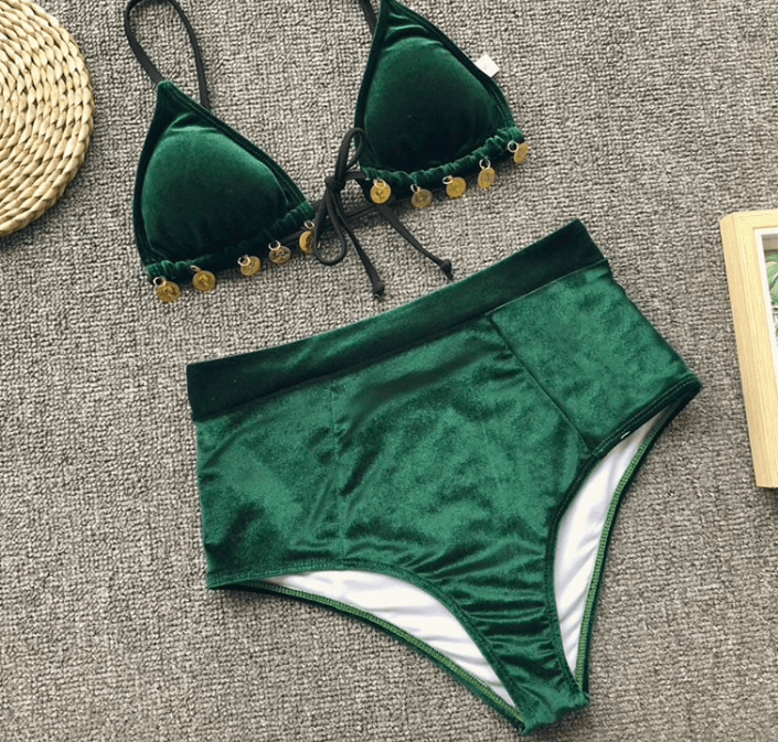 High Waist Bikini Green Velvet