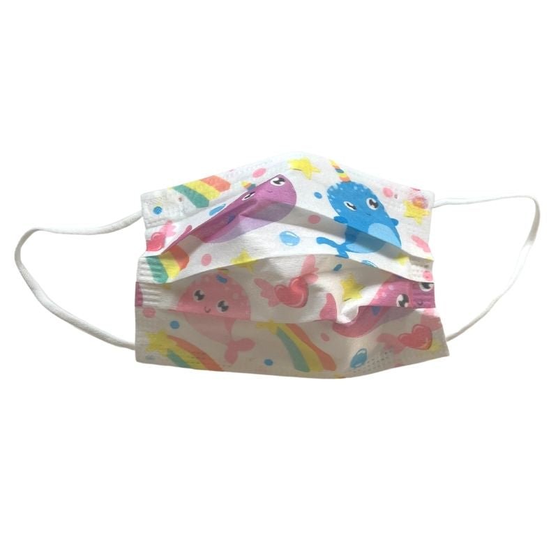 Kinder Einwegmasken mit farbigen Delfinen und Regenbogen - Hygienemasken fuer Kinder online kaufen Schweiz