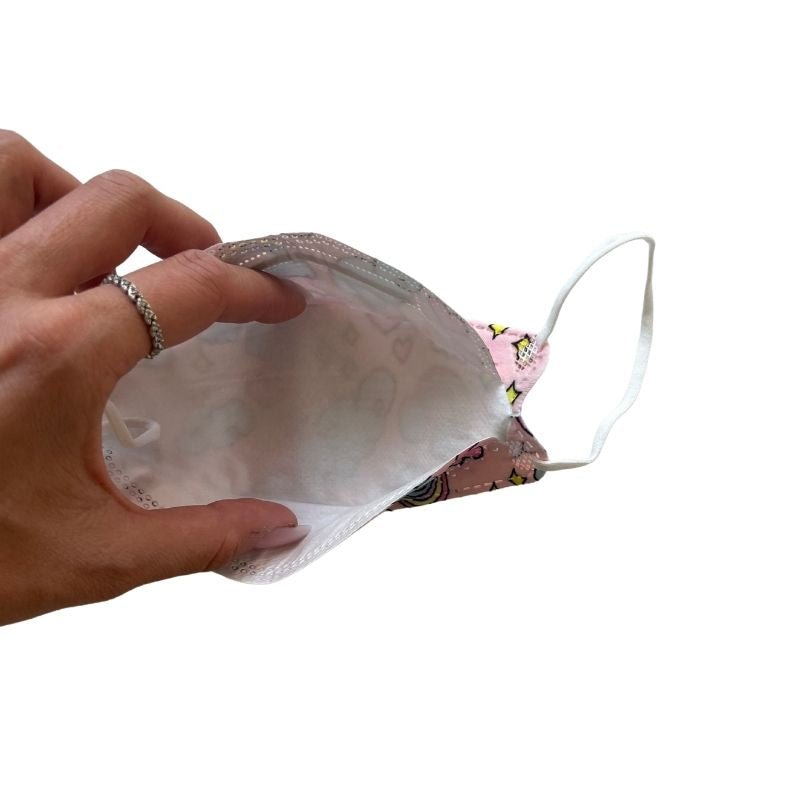 3D Fischform Kindermasken Schutzmasken farbig mit Motiven wie Regenbogen, Wolken und Herze