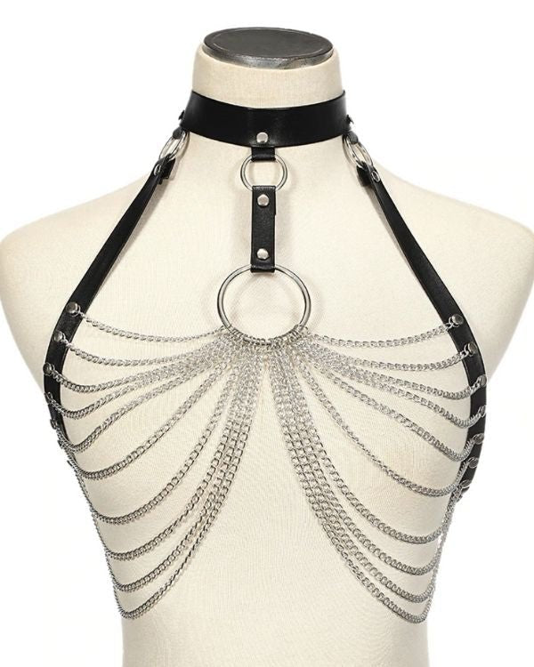 Harness Koerperguertel mit silbernen Ketten und Choker Halskette