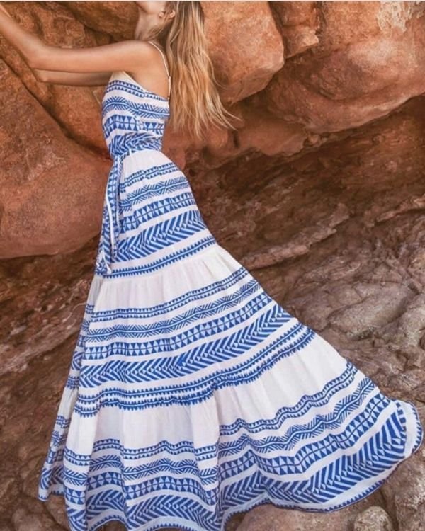 Boho Ethno Hippie Maxikleid Damen Kleid in weiss blau mit Hippie Mustern