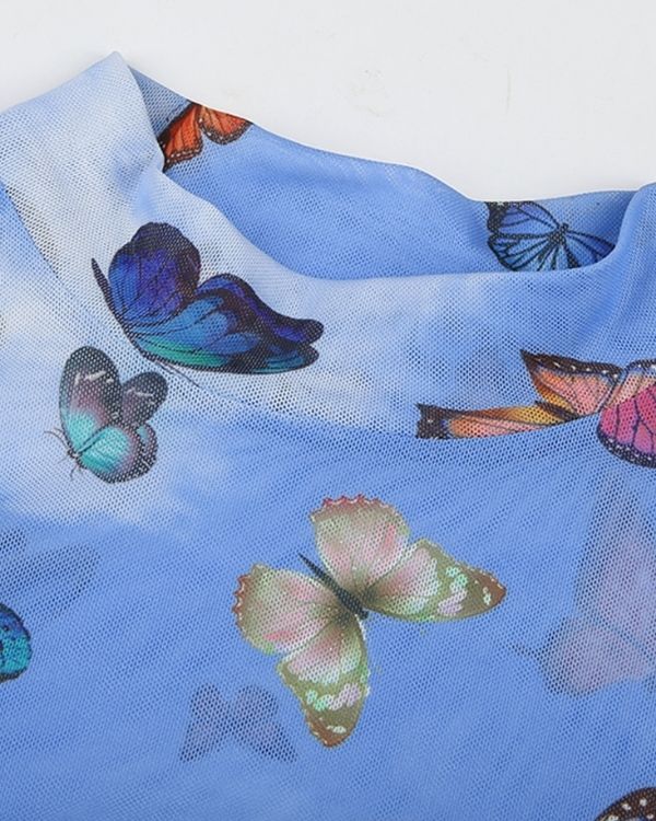 Langarm Crop Top Damen Shirt mit leichtem Kragen und farbigen Schmetterlingen 