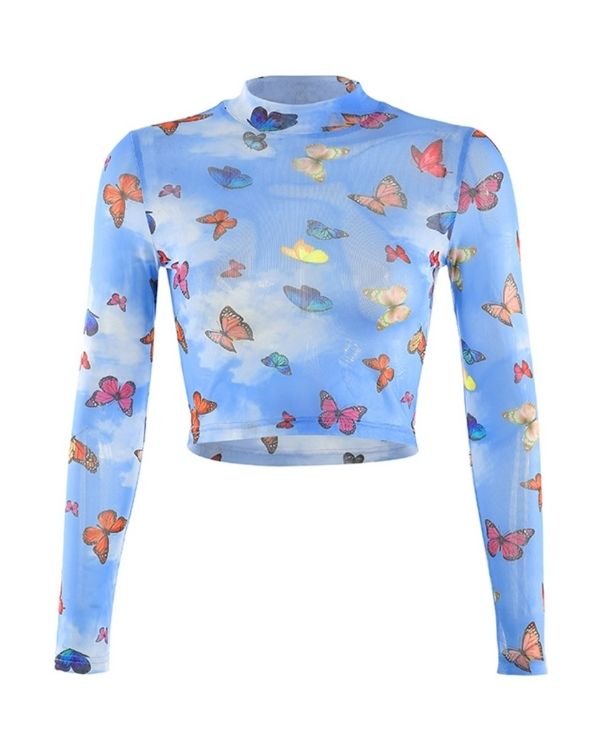 Blaues Crop Top Mesh Shirt mit farbigen Schmetterlingen 