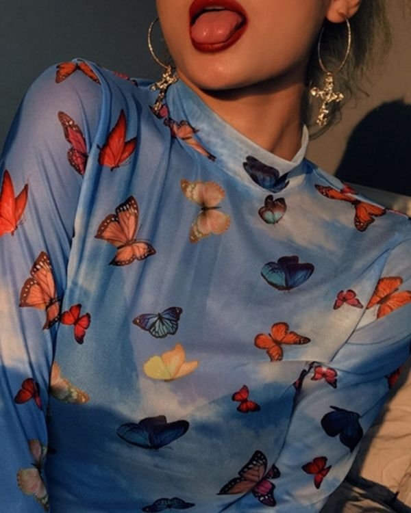 Transparentes Mesh Damen Shirt in Himmel blau mit Schmetterlingen 