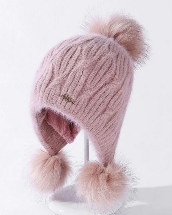 Wintermuezten Damen mit Kunstfell Bommel Pompom Ohrenhalter Ohrenwaermer - Rosa Wintermuetze 