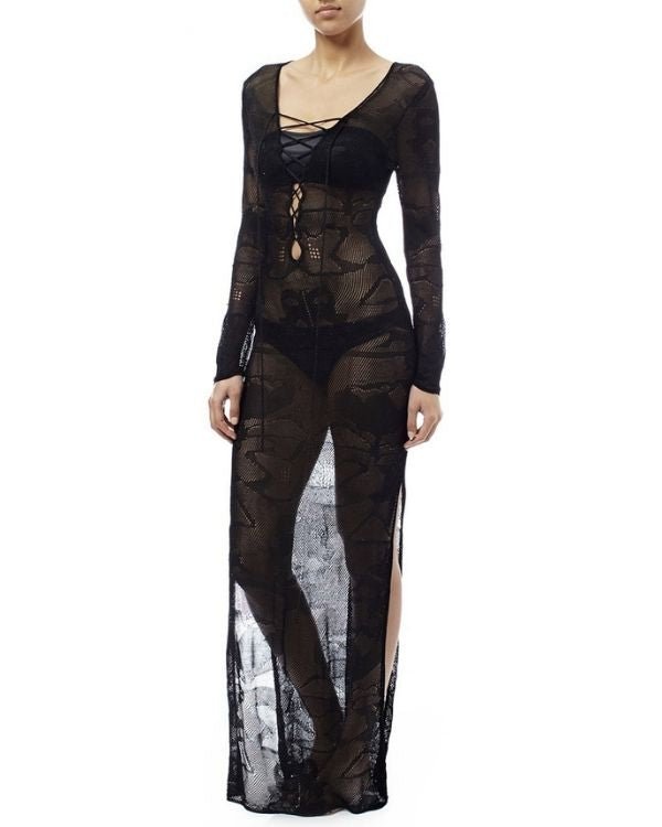 Schwarzes Damen Strandkleid Sommerkleid mit Ausschnitt zum Schnuerren und Oeffnungen auf den Seiten 