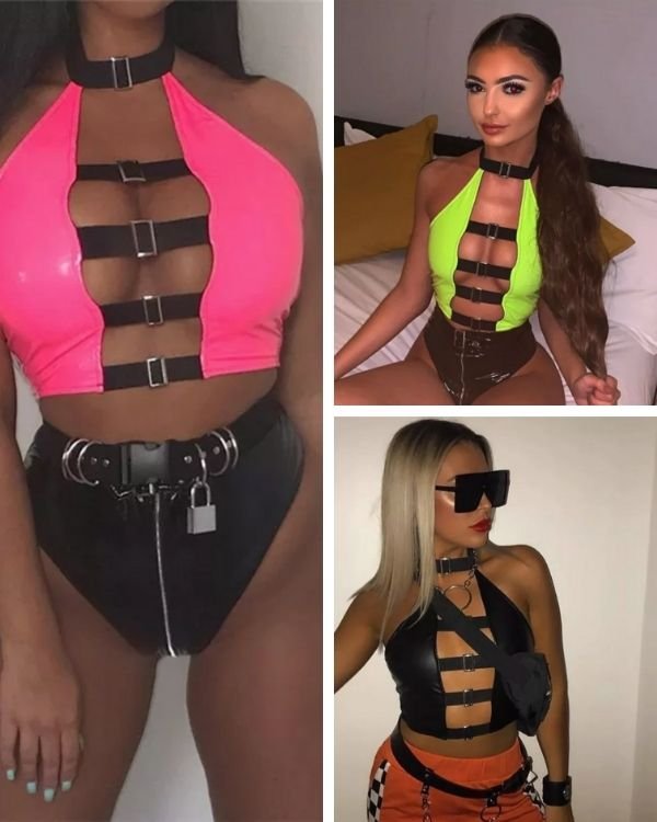 Raver Festival Crop Top Neckholder mit Schnallen auf der Vorderseite - Neon Pink und Gruene Tops 