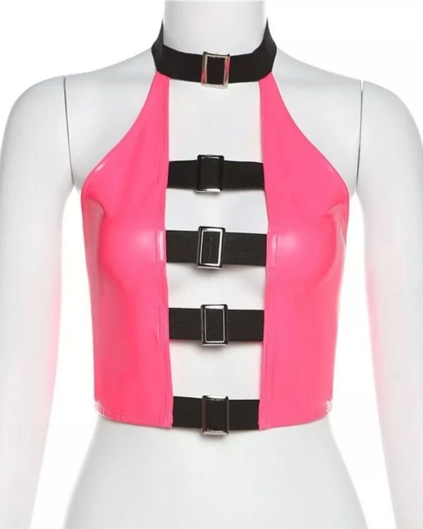 Knall Neon Pinkes Kunstleder Crop Top mit schwarzen Schnallen 